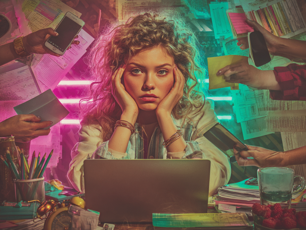 Zestresowana kobieta przy laptopie, otoczona telefonami, dokumentami i zadaniami – symbol chaosu w samodzielnym marketingu bez strategii.