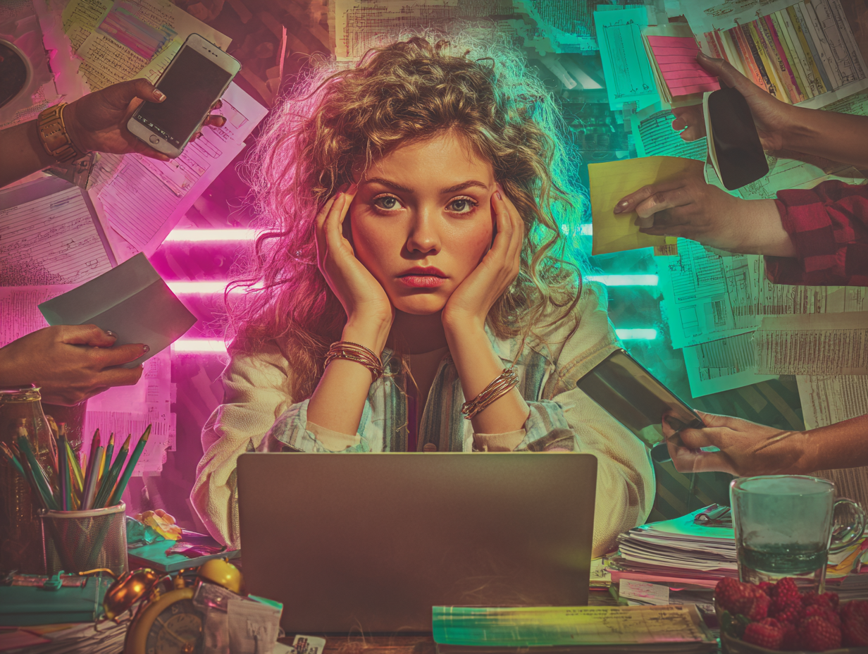 Zestresowana kobieta przy laptopie, otoczona telefonami, dokumentami i zadaniami – symbol chaosu w samodzielnym marketingu bez strategii.